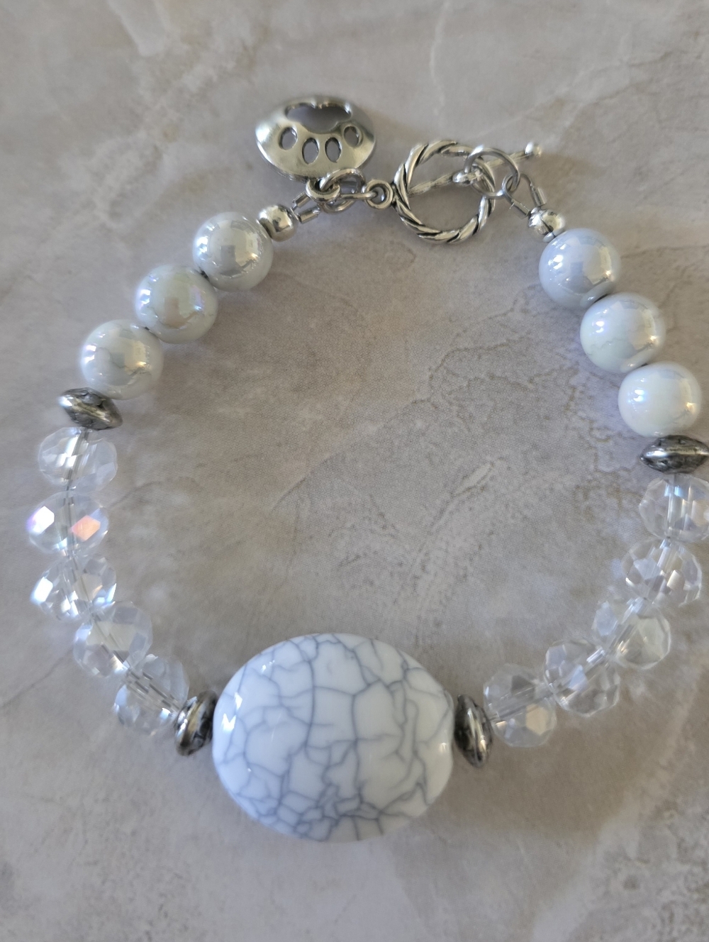 White Marbled Bead Bracelet with Crystal Accents - Women Jewelry